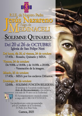La R.I.E. de Nuestro Padre Jesús Nazareno de Medinaceli celebra esta semana el solemne Quinario en honor a su Titular …
