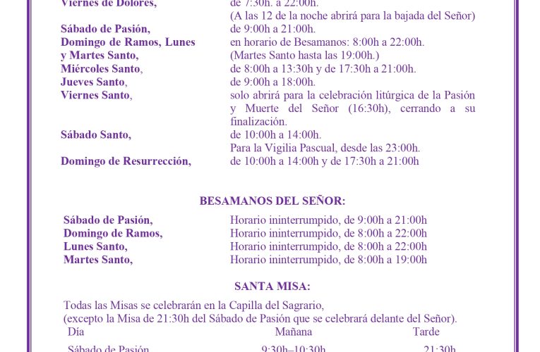 Horarios de apertura y misas en Semana Santa 2025 | Hermandad del Gran Poder