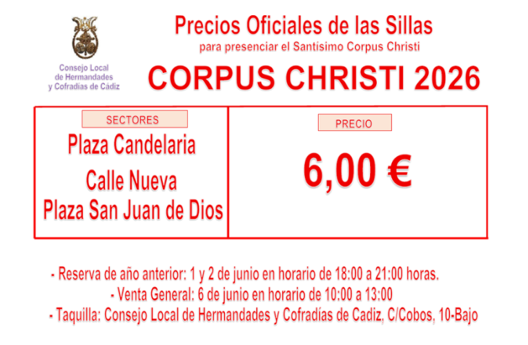 Precios oficiales de las sillas para el Corpus Christi 2026. – Consejo Local de Hermandades